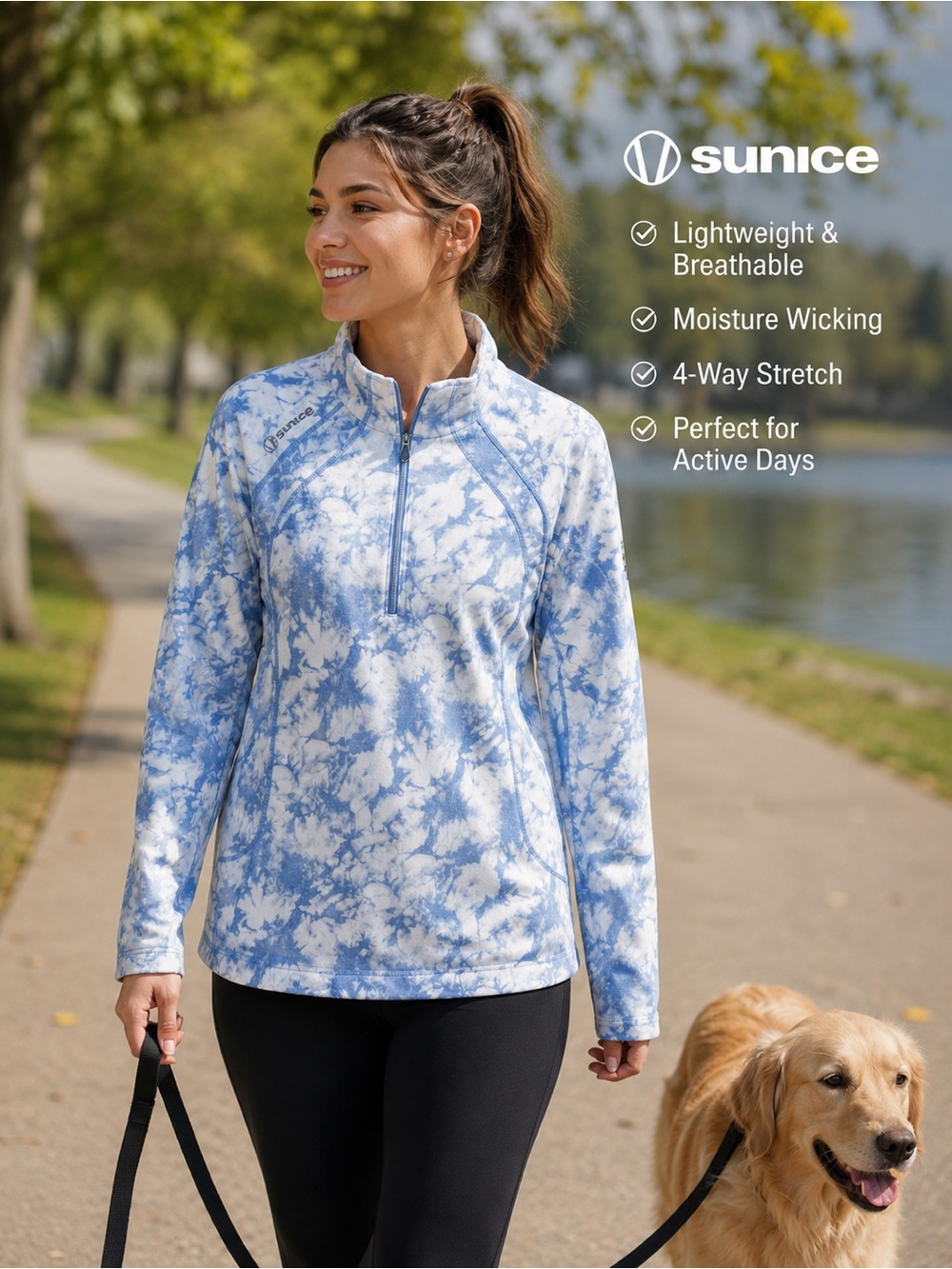 Sunice White and Blue Tie-Dye Quarter-Zip Pullover